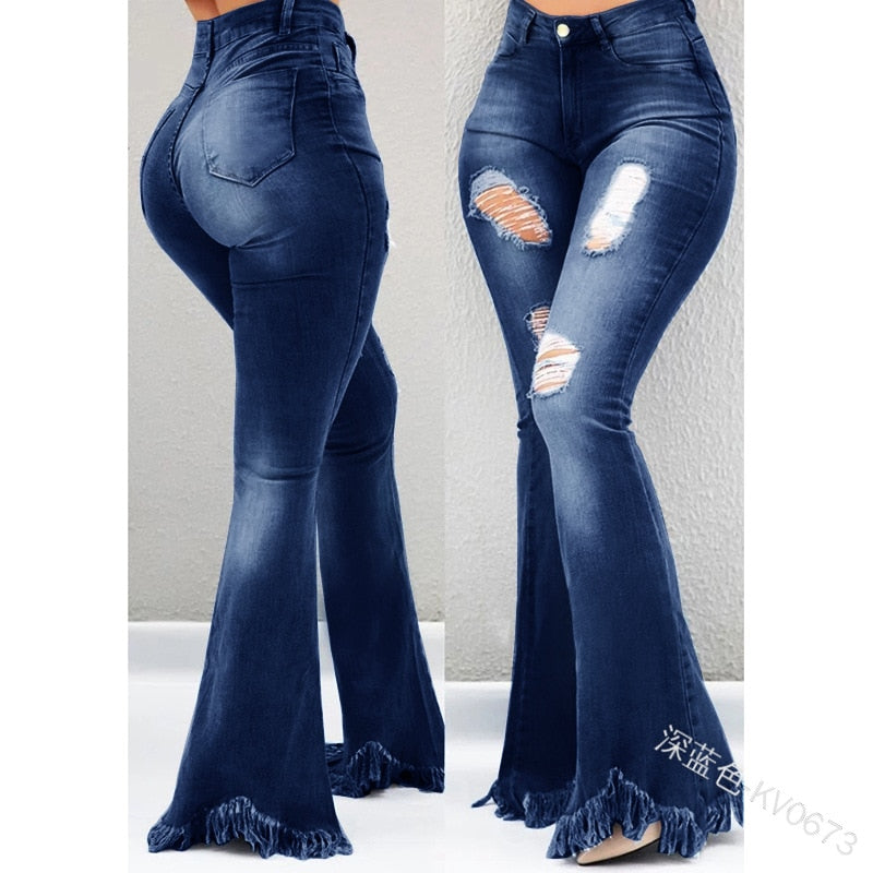 Women's Flare Stretch Distressed Jeans Destroyed Denim Pants Bell