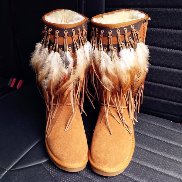 Boho Snow Boots Camel Brown Fleece Lined Vegan Suede Pull On Mid Calf ...