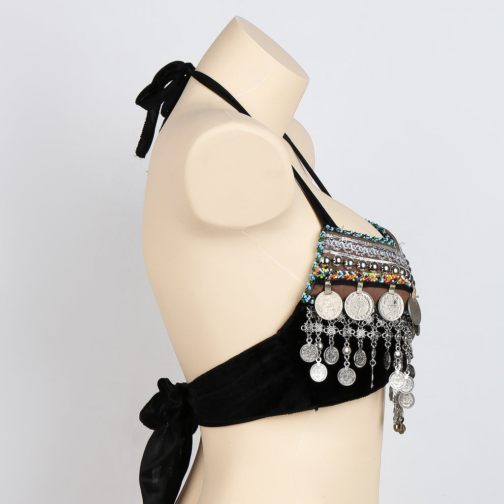 Gypsy Coin Bra Black With Silver Studs Beads Summer Festival Belly