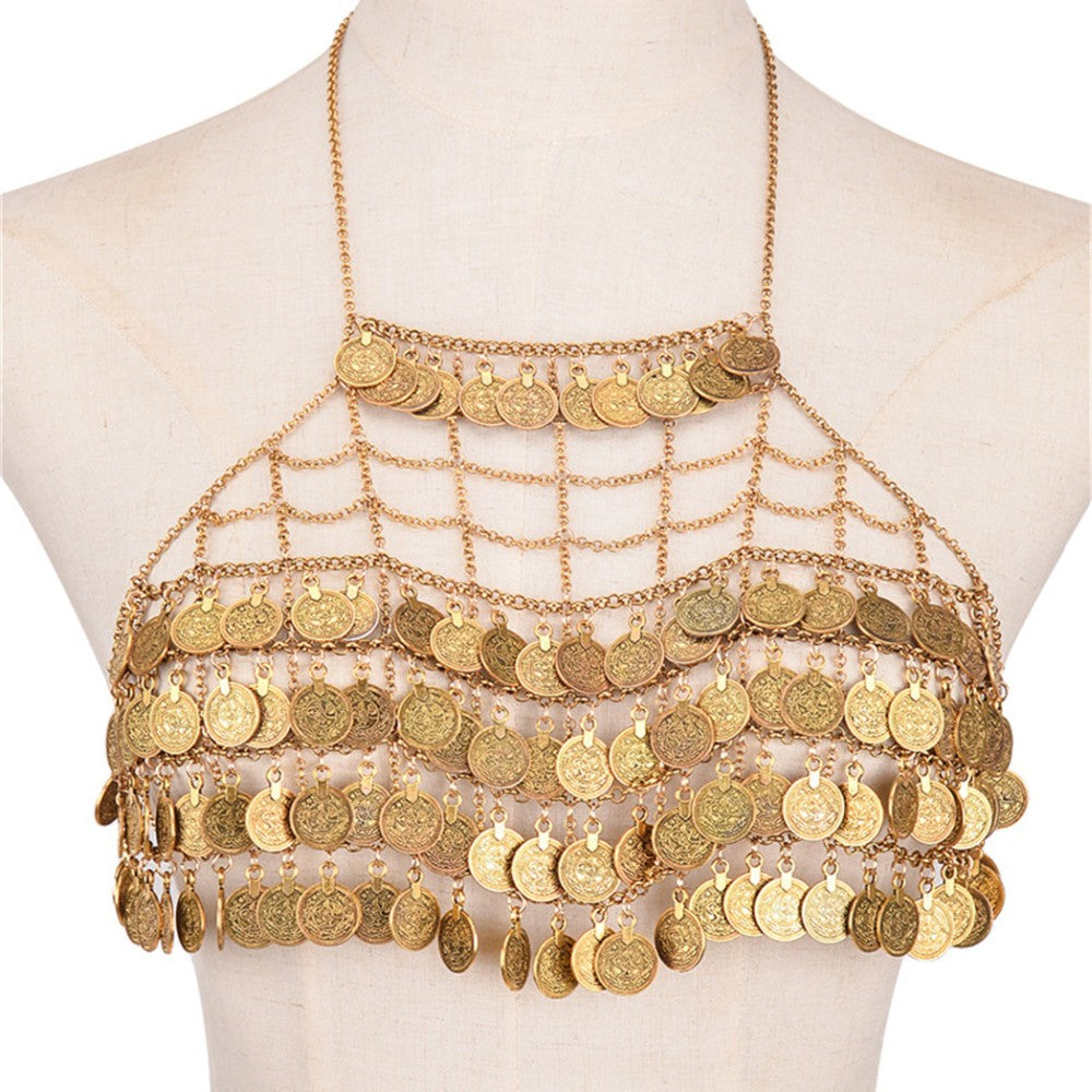 Antique Gold Metal Coin and Chain Bra Cover at