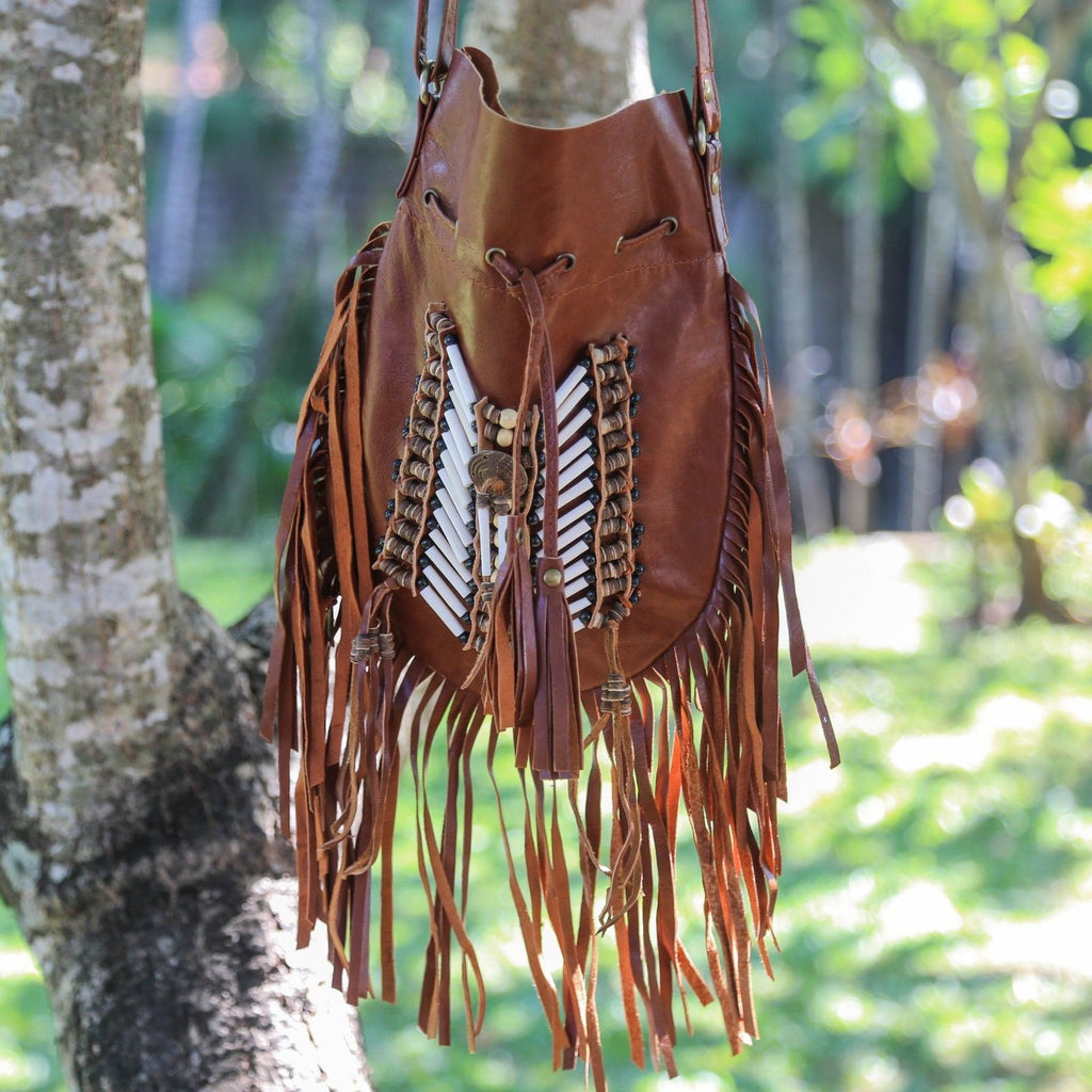 Small Boho Hippie Fringe Bag Small Beaded Tan Leather Bag 