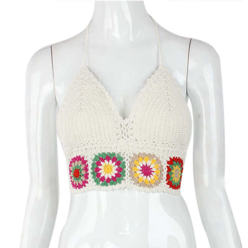 Boho Crochet Halter Top White With Hippie Granny Squares Coachella
