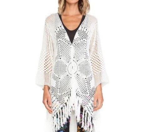 Mandala Kimono White Bohemian Thick Sweater Button Front Tassel Fringe Sleeves One Size Fits Small Medium And Large