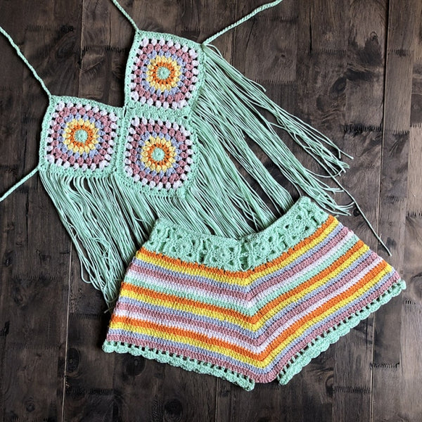 Handmade Granny Squares Bikini Boho Crochet Fringe Short Set Halter To ...