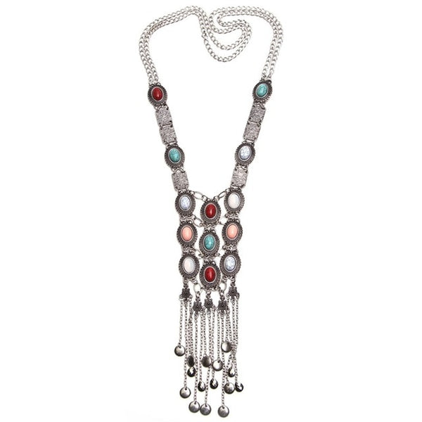 Long Gypsy Necklace Colored Stones