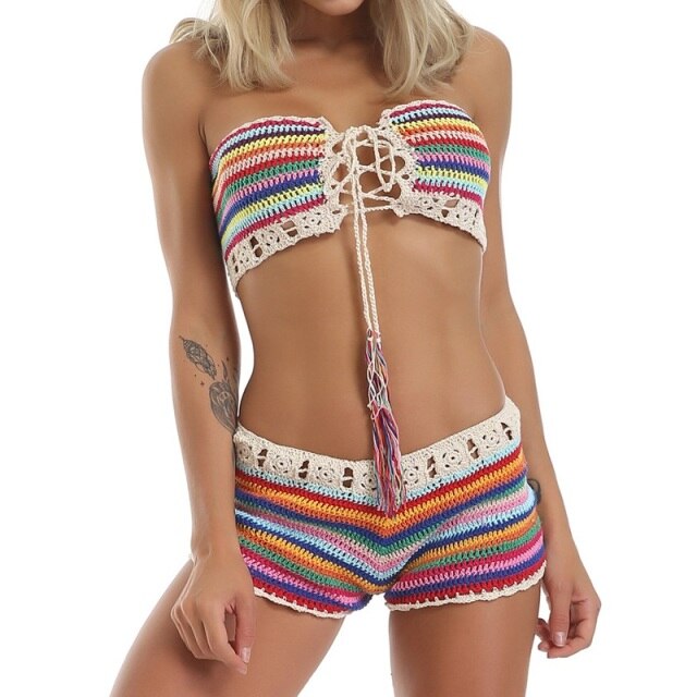 Spice Road Crochet Shorts Set Lace Up Tube Top Multi Striped
